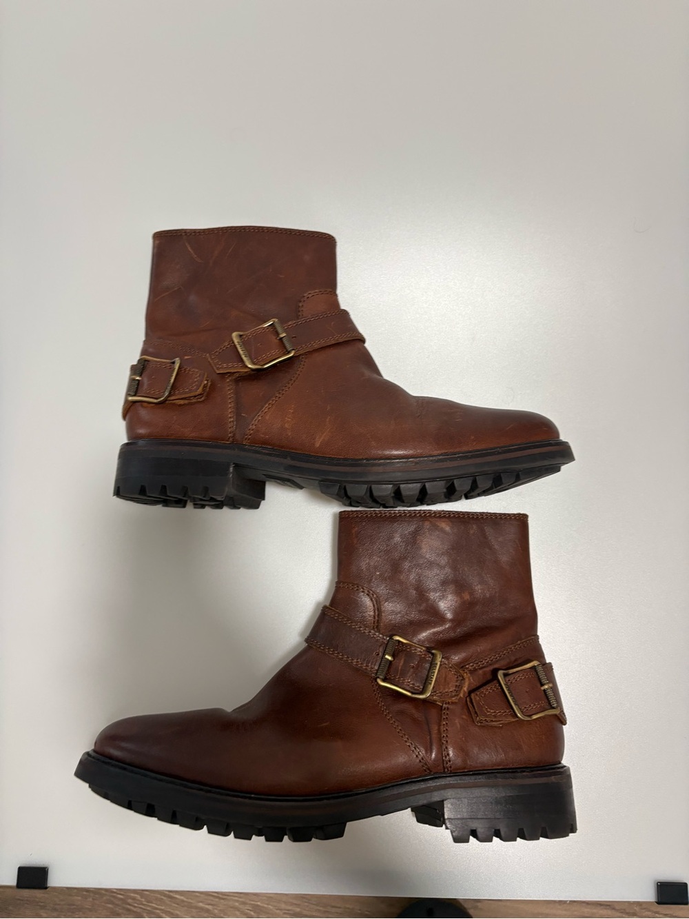 Mens Belstaff brown leather biker metal strap mid high boots size 9.5